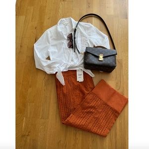 NEW ZARA TOPSTITCHED EMBROIDERED PANTS BURNT ORANGE